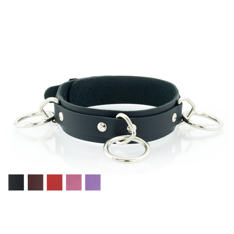 3 Ring Bondage Leather Slave Collar with Locking Buckles