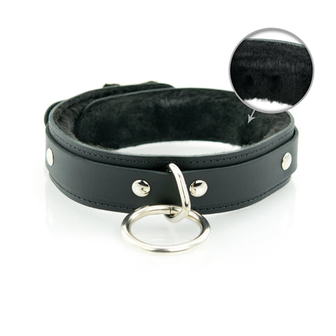 1 Ring Bondage Leather Slave Collar with Faux Fur Lining