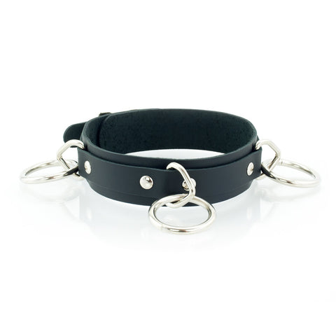 3 Ring Bondage Leather Slave Collar with Locking Buckles