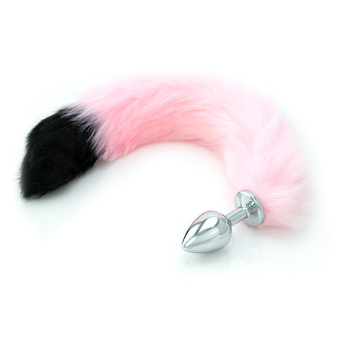 Pink Faux Fur Tail - Black Tip - Metal Butt Plug