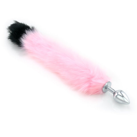 Pink Faux Fur Tail - Black Tip - Metal Butt Plug