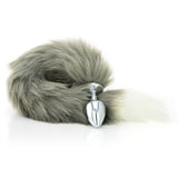 Grey Faux Fur Tail -  White Tip - Metal Butt Plug