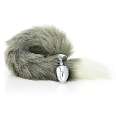 Grey Faux Fur Tail -  White Tip - Metal Butt Plug