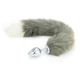 Grey Faux Fur Tail -  White Tip - Metal Butt Plug