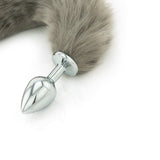 Grey Faux Fur Tail -  White Tip - Metal Butt Plug