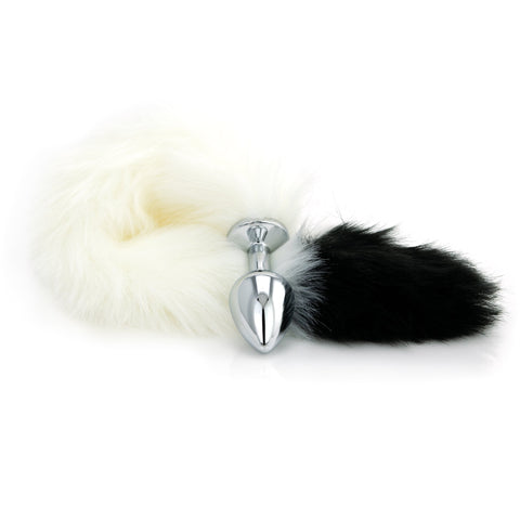 White Faux Fur Tail - Black Tip - Metal Butt Plug