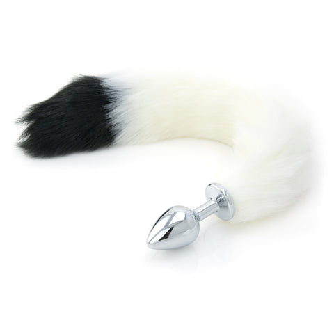 White Faux Fur Tail - Black Tip - Metal Butt Plug