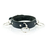 3 Ring Bondage Leather Slave Collar with Faux Fur Lining