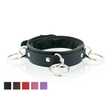 3 Ring Bondage Leather Slave Collar with Faux Fur Lining