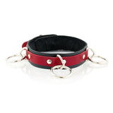 3 Ring Bondage Leather Slave Collar with Faux Fur Lining